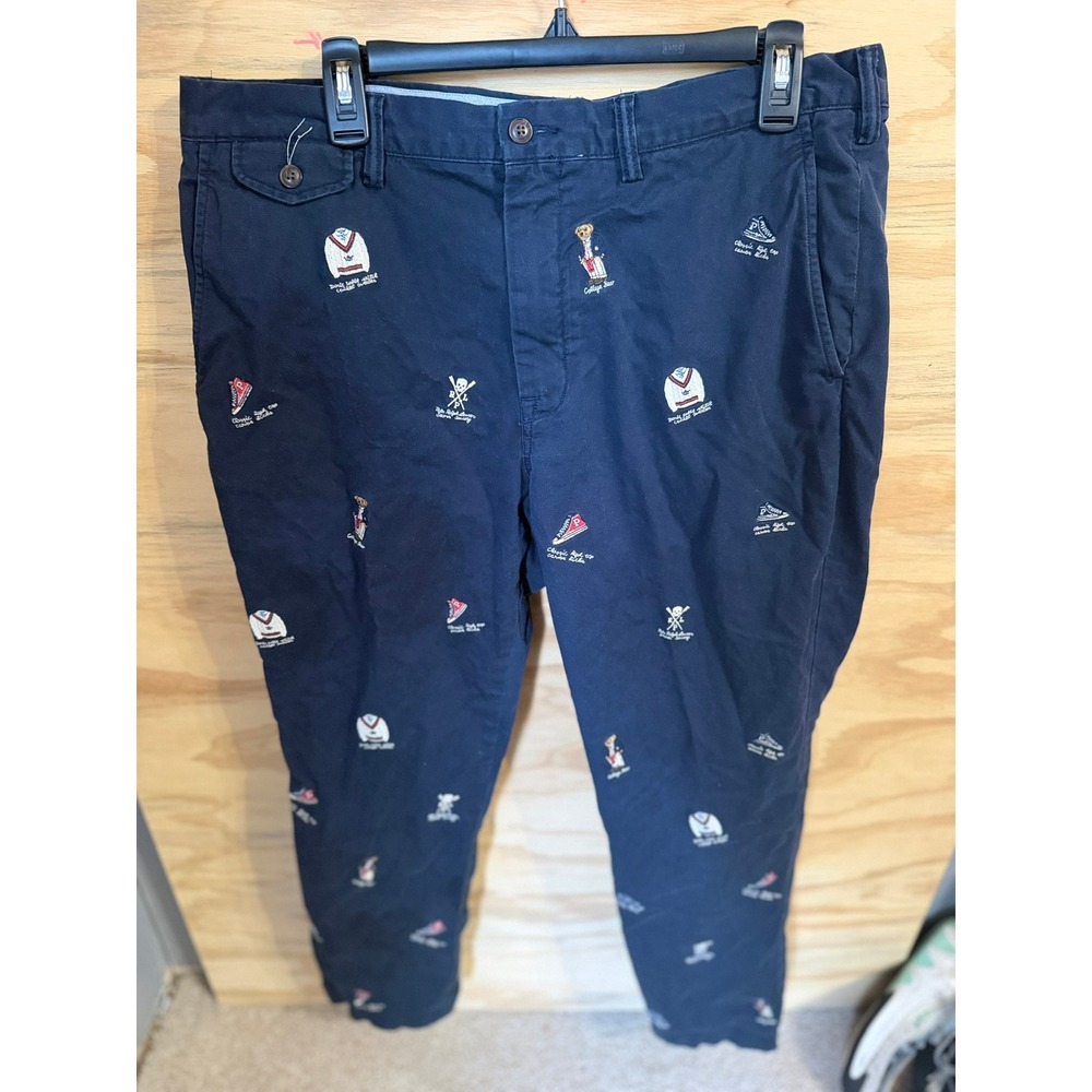 Men's Polo Ralph Lauren Embroidered Chino Pants 36x30 Bear Navy Straight Preppy